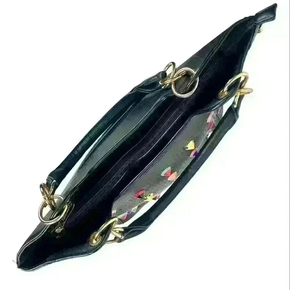 Black  Tote Bag Faux Leather Colorful Studs & Grommet Details, Large 80s Rock - Picture 7 of 16